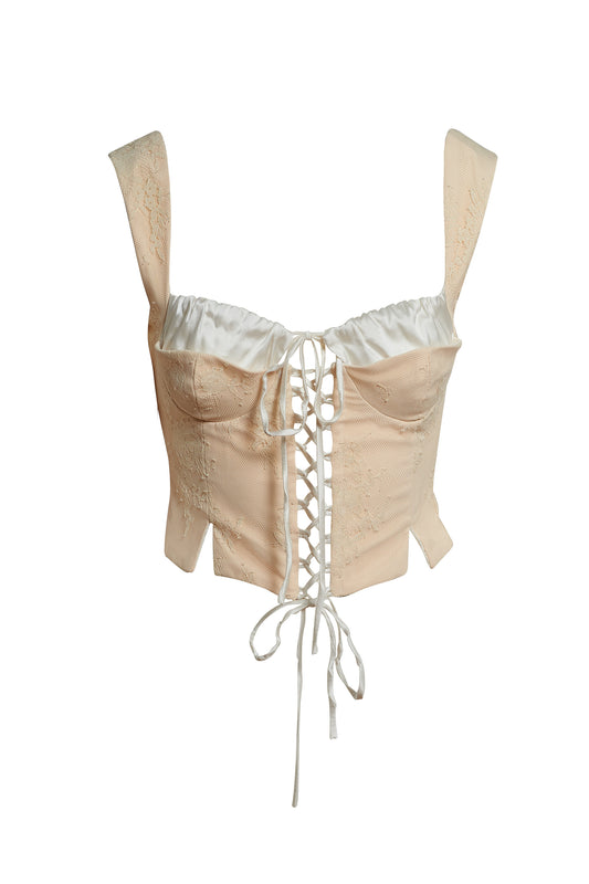 corset crem cu dantela și mătase naturală